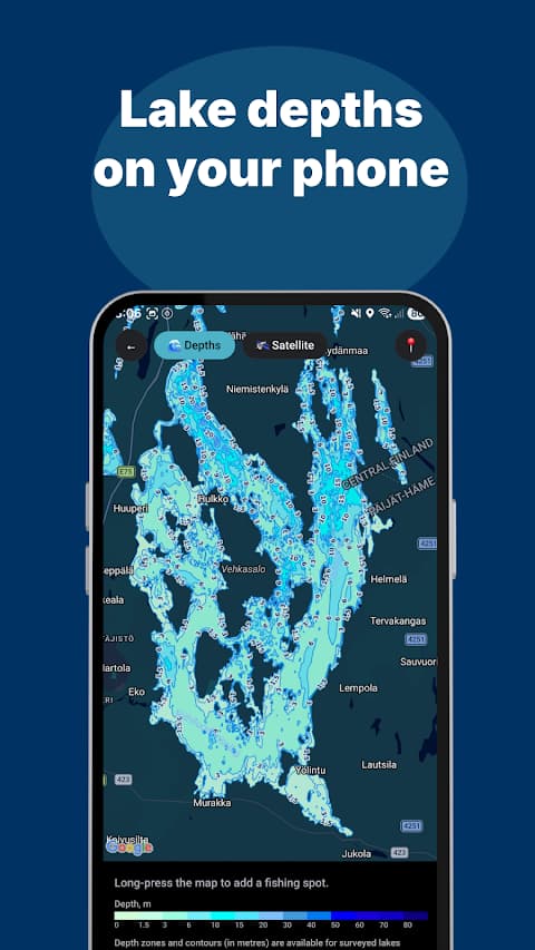 Lake depth map with depth contours and saved fishing spots