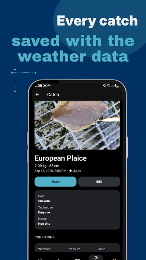 Catch journal entry for a European plaice with weight, bait and weather conditions