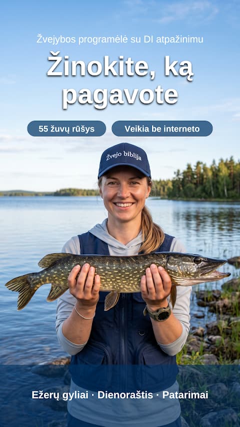 Žvejė laiko lydeką – „Žvejo biblija“, žvejybos programėlė su DI žuvų atpažinimu