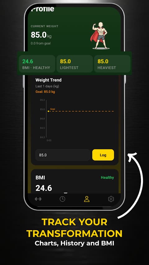 Profile with weight trend chart and BMI calculator