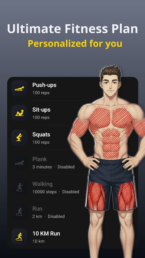 Personalized fitness plan: 100 push-ups, 100 sit-ups, 100 squats and 10 km run