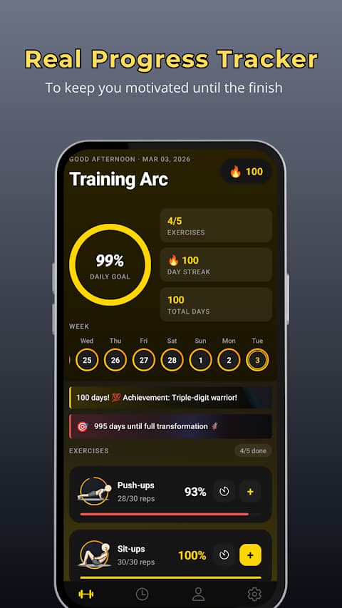 Training Arc dashboard with daily goal progress ring, day streak and exercise list