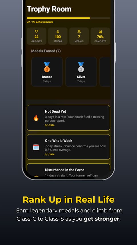 Trophy Room with bronze and silver medals and unlocked achievements