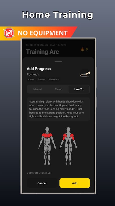 Push-up exercise guide with targeted muscles, no equipment needed